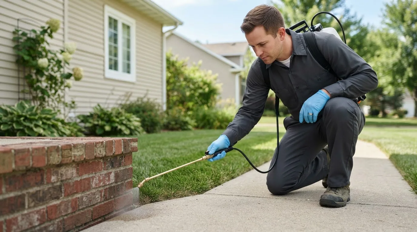 Pest control technician treating a home near Deputy, IN