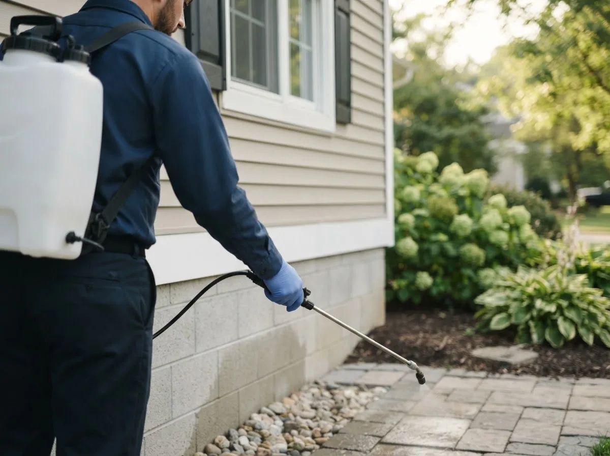 Pest control technician inspecting a home in Deputy, IN